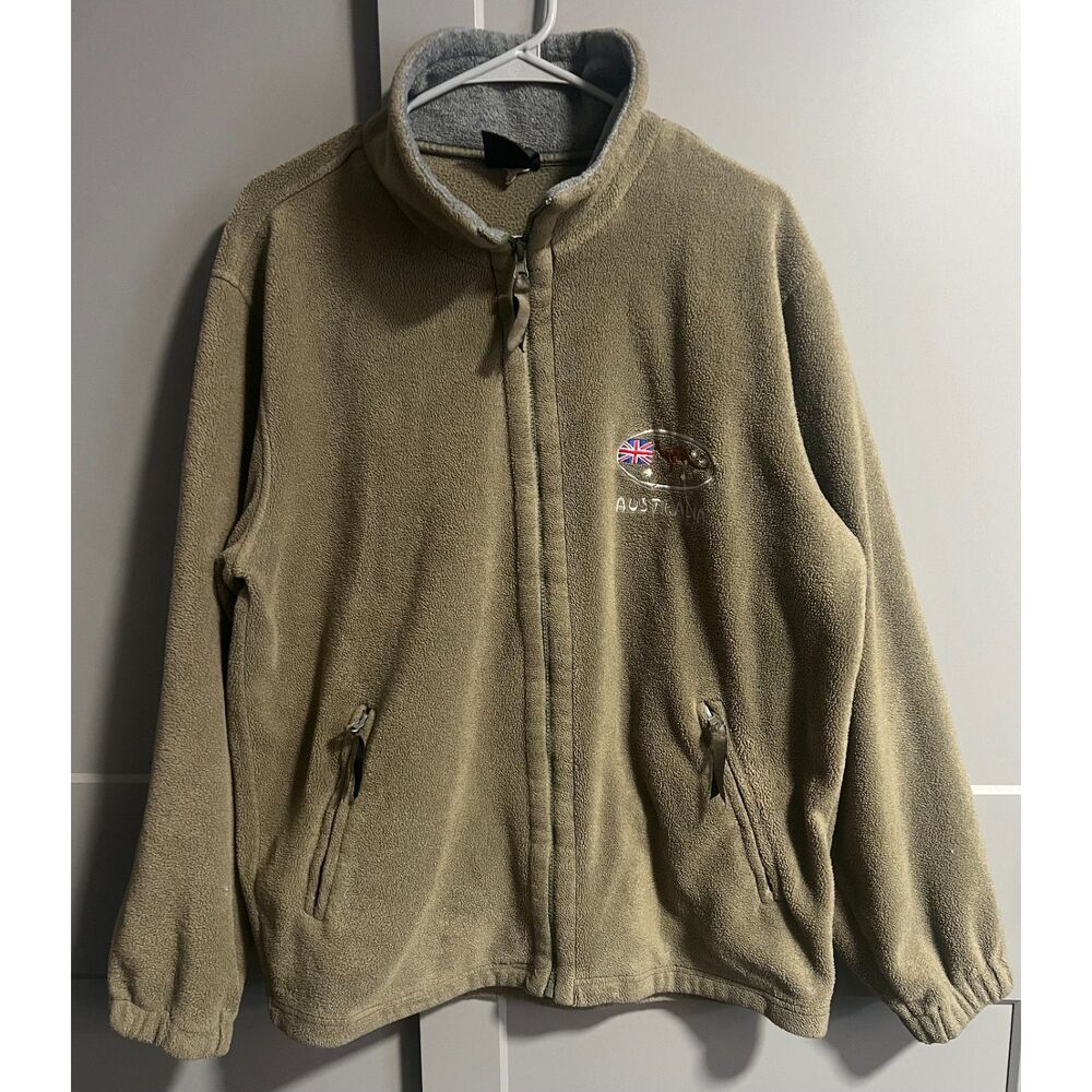 Australia Full Zip Collar Neck Fleece Jacket Embroidered Patch Brown Size Medium